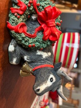 Tom Rubel Cow with Red Wreath and Gold Bell - collectible